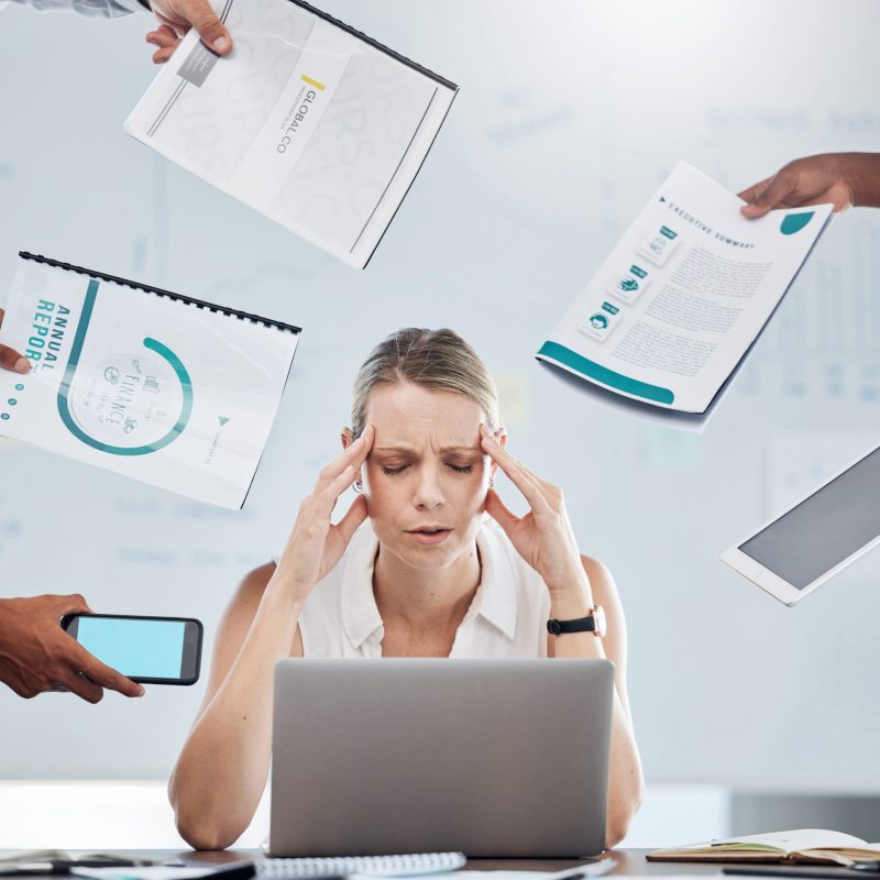 Stress, anxiety and business woman working under pressure with mental health burnout in busy, task .