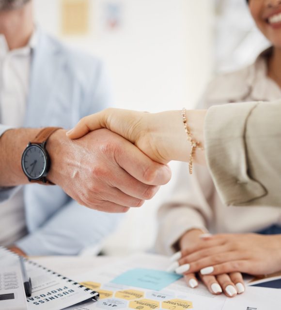 Business people, handshake and meeting in teamwork, hiring or partnership together at office. Close.